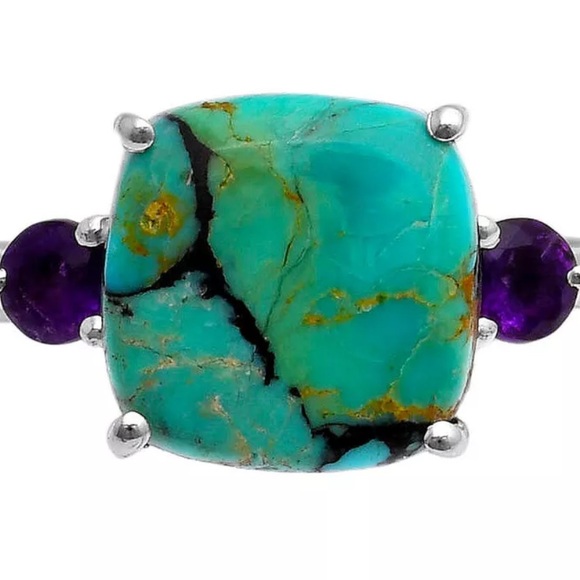 Gorgeous genuine turquoise with faceted amethyst sterling silver rings - Picture 4 of 6